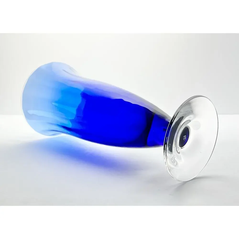 Contemporary Large Optic Footed Trumpet Flared Cobalt Blue Glass Vase 11”